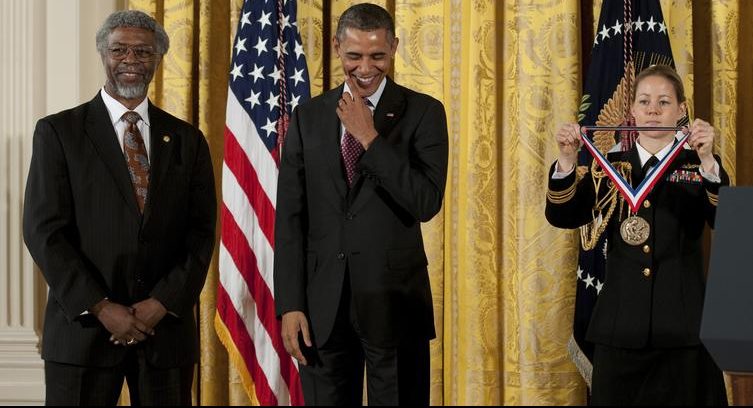 President Obama stands with Sylvester James Gates at the National Medal of Science in 2011