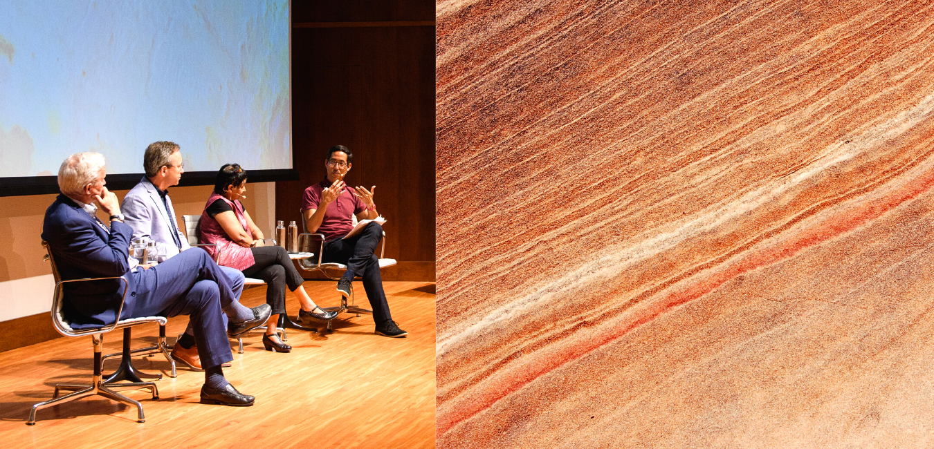 split image: panelists speak on stage, sand